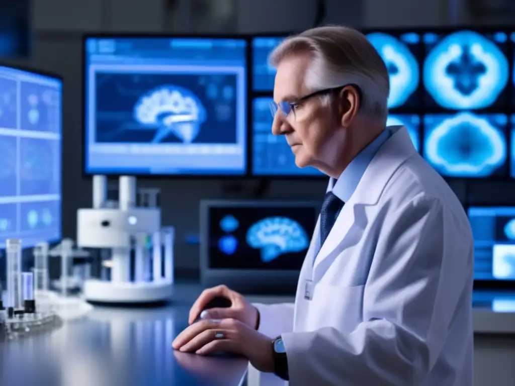 En el laboratorio, John Eccles, neurocientífico, enfocado en su experimento rodeado de tecnología avanzada y monitores con escáneres cerebrales