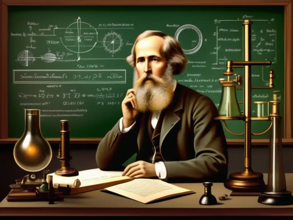 En su laboratorio, James Clerk Maxwell contempla ecuaciones electromagnéticas con visión teológica, rodeado de instrumentos científicos y papeles, en un ambiente dramático que resalta su intensa búsqueda científica