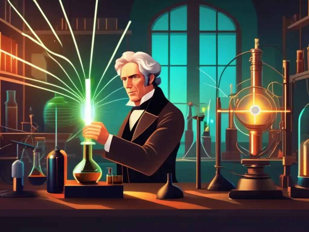 En su laboratorio, Michael Faraday experimenta con electromagnetismo, rodeado de equipos científicos