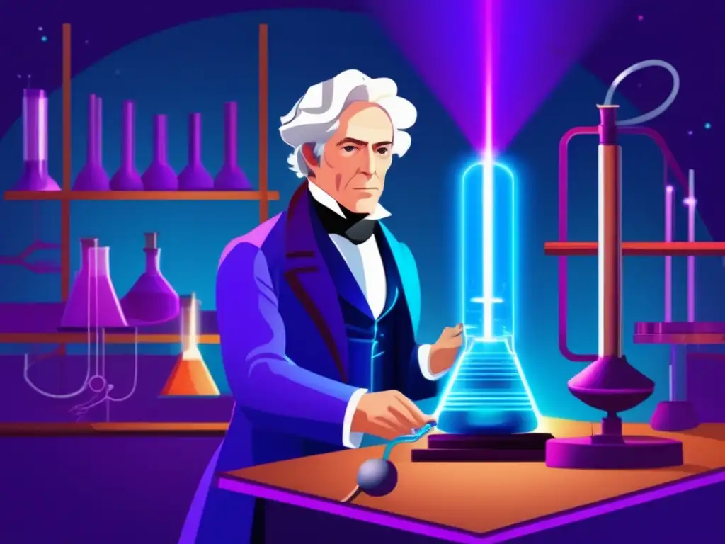 En su laboratorio, Michael Faraday manipula energía electromagnética