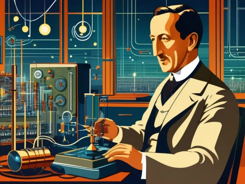 En el laboratorio, Guglielmo Marconi ajusta su equipo de comunicación inalámbrica, mientras ondas de radio llenan el aire