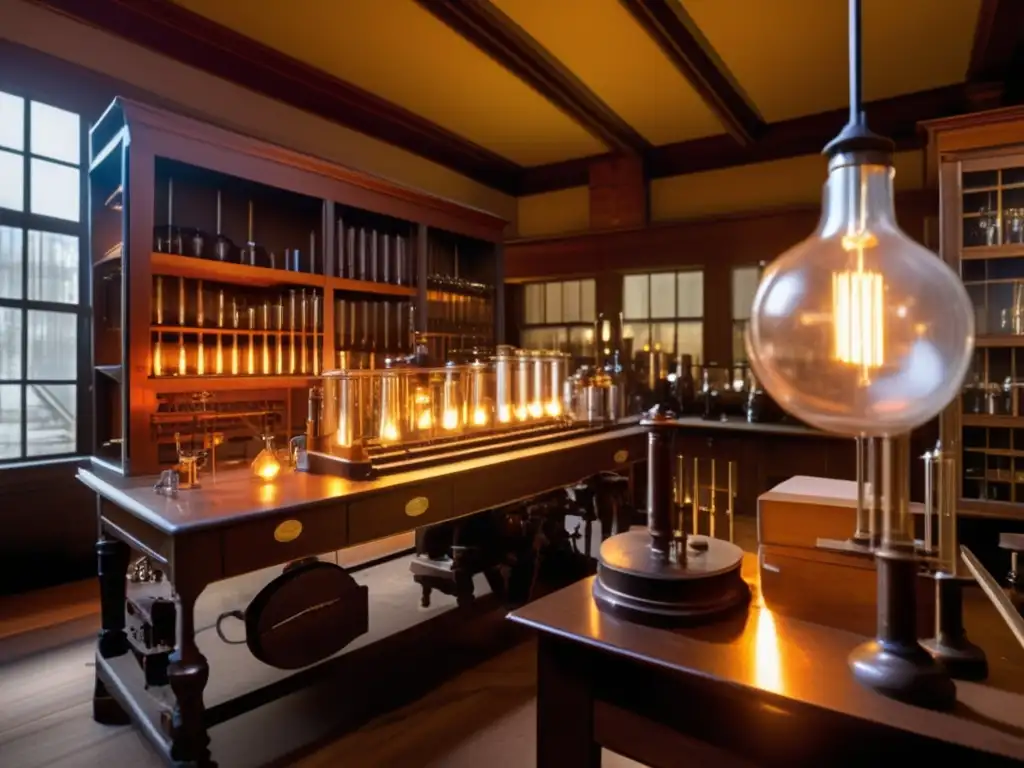 En el laboratorio de Thomas Edison, se vislumbra una escena llena de inventos importantes, con el genio rodeado de su aura innovadora