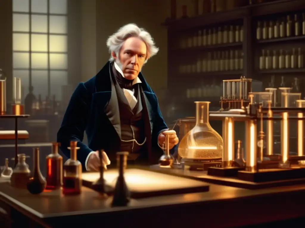 En el laboratorio, Michael Faraday realiza una experimentación alquímica, mostrando su pasión por la historia científica