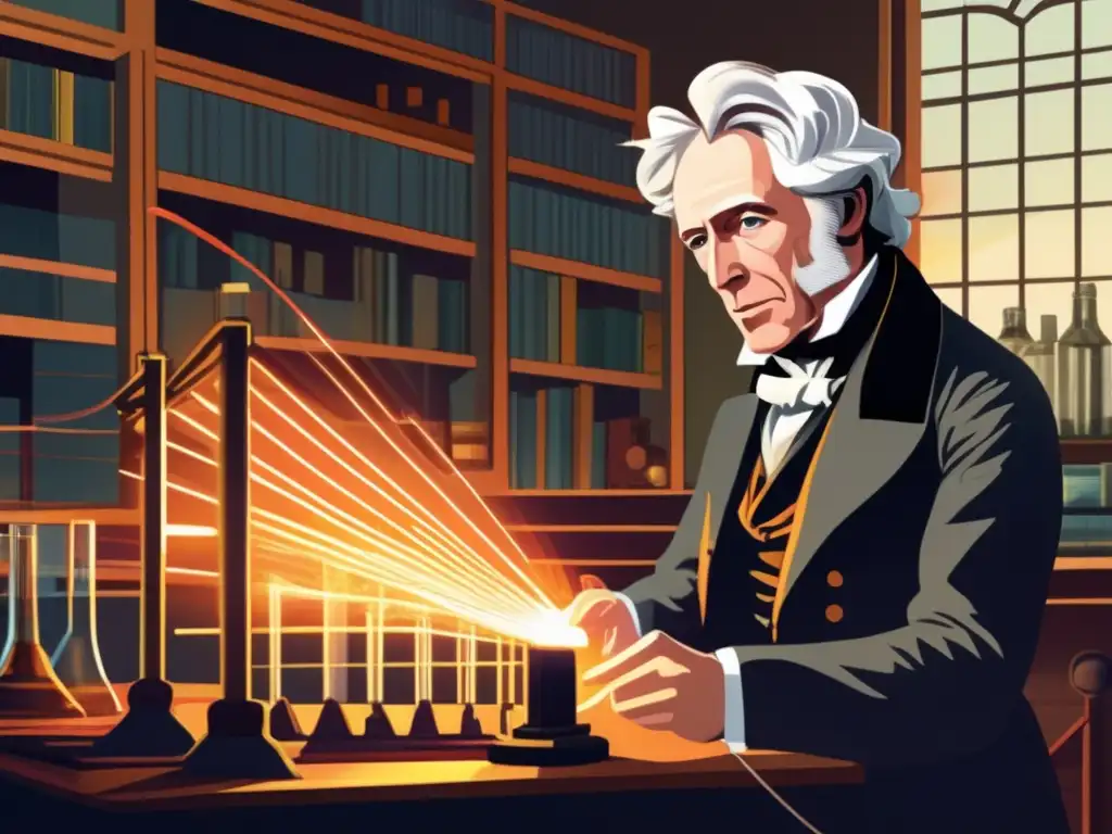 En su laboratorio, Michael Faraday dirige un experimento eléctrico, rodeado de energía vibrante