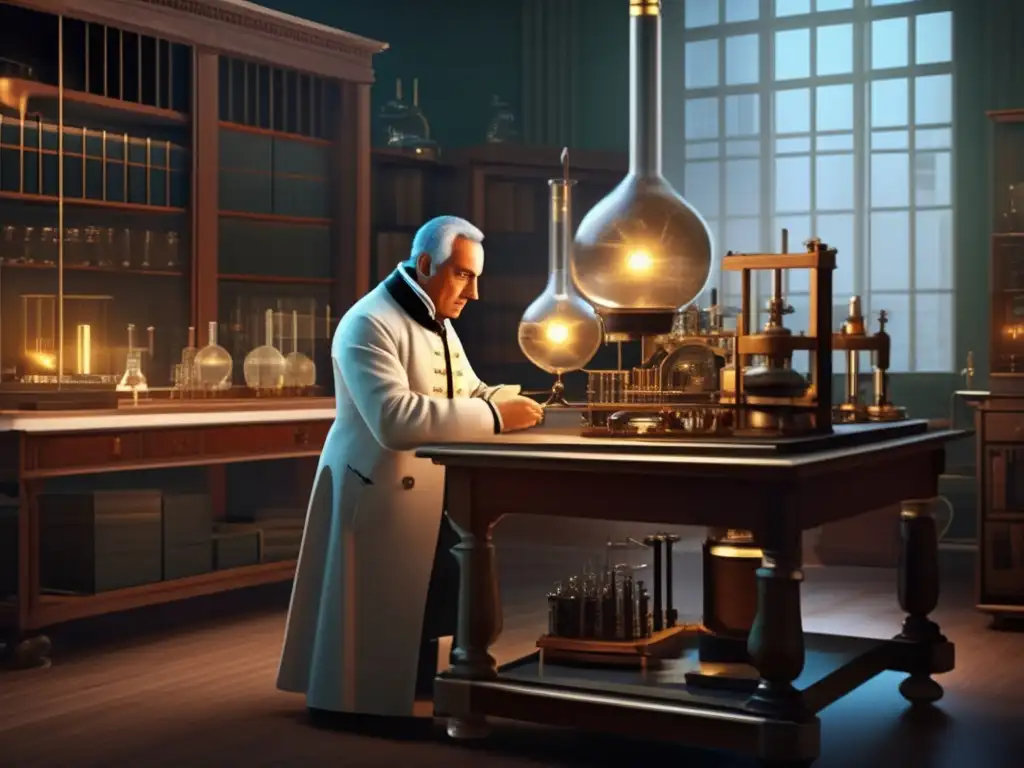 En su laboratorio, Alessandro Volta se concentra en un experimento eléctrico