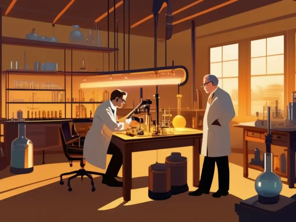 En el laboratorio, Michelson y Morley realizan su experimento de forma concentrada, rodeados de instrumentos científicos