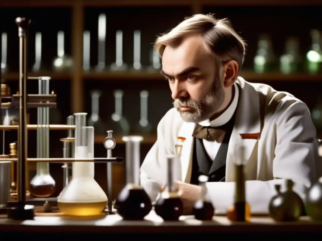 En el laboratorio, Alfred Nobel se concentra en un experimento, rodeado de instrumentos científicos