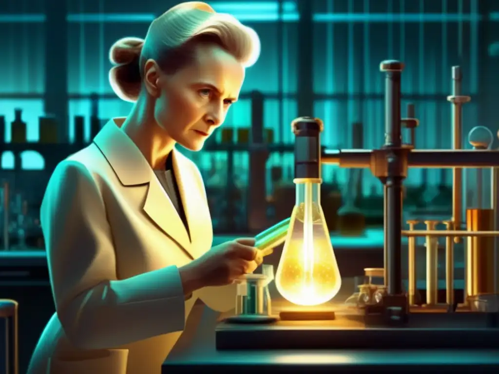 En el laboratorio, Marie Curie realiza experimentos con determinación