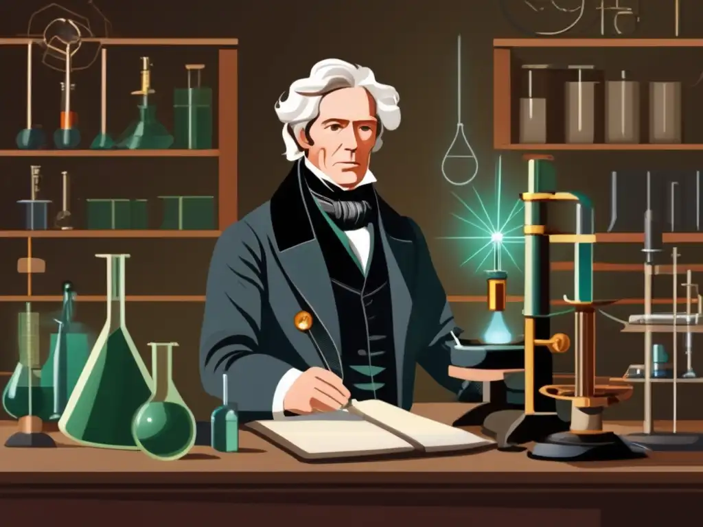 En la ilustración, Michael Faraday trabaja en su laboratorio, realizando experimentos con electricidad y magnetismo