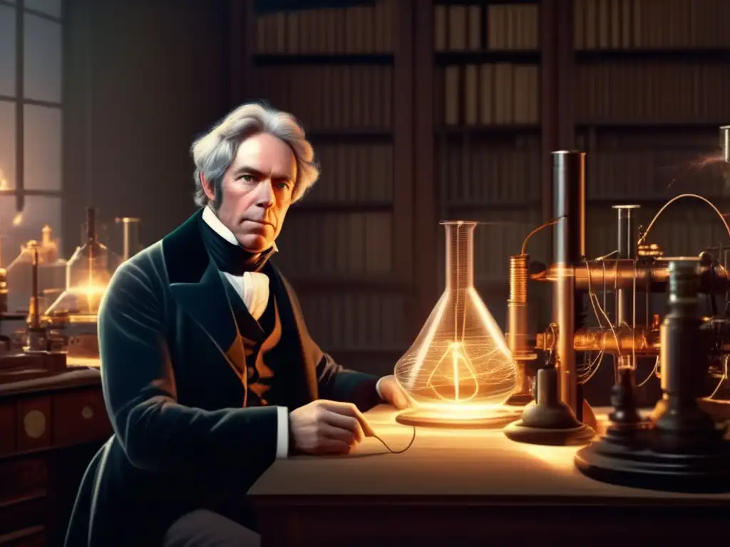En el laboratorio, Michael Faraday realiza experimentos con electricidad, rodeado de equipo científico