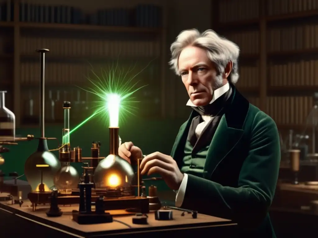 En el laboratorio, Michael Faraday realiza experimentos con equipos eléctricos, mostrando su intensa concentración