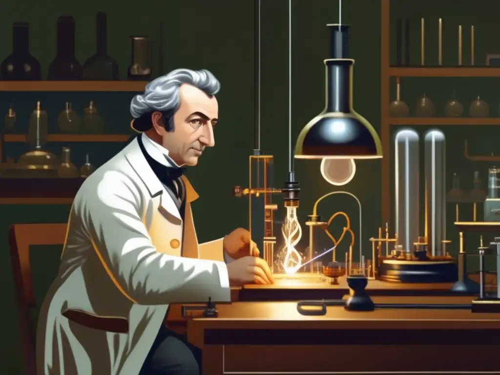 En su laboratorio, André Marie Ampère realiza experimentos con equipos eléctricos, reflejando su intensa dedicación a la electrodinámica historia