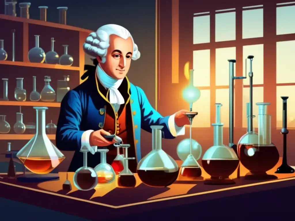 En el laboratorio, Antoine Lavoisier realiza experimentos, con una expresión enfocada y determinada