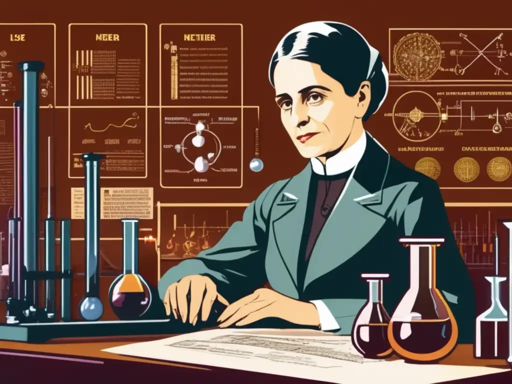 En su laboratorio, Lise Meitner observa con concentración sus experimentos sobre la fisión nuclear, contribuyendo a la historia científica