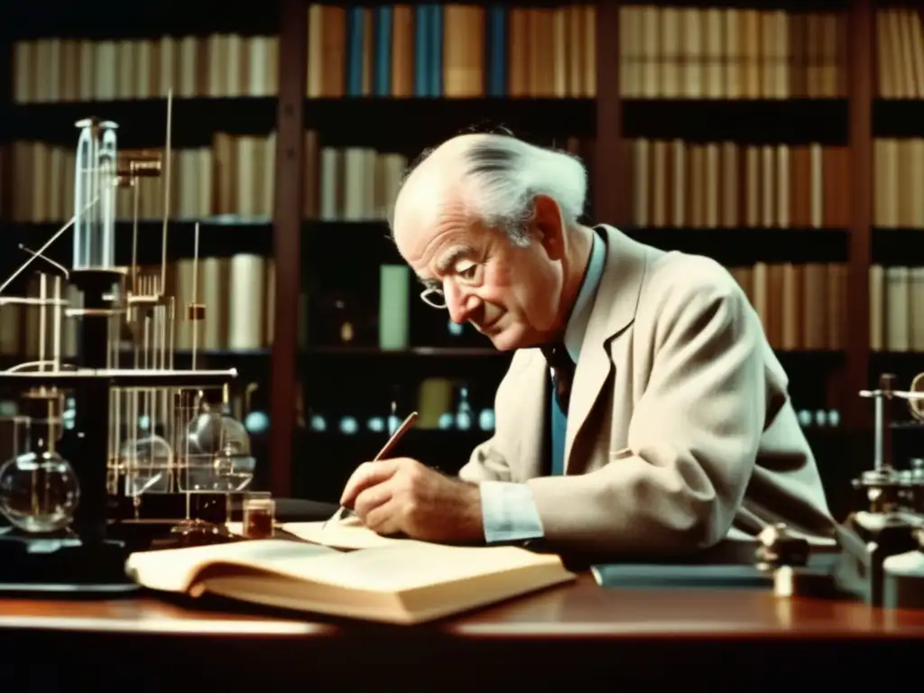 En su laboratorio, Linus Pauling se concentra en experimentos y observaciones