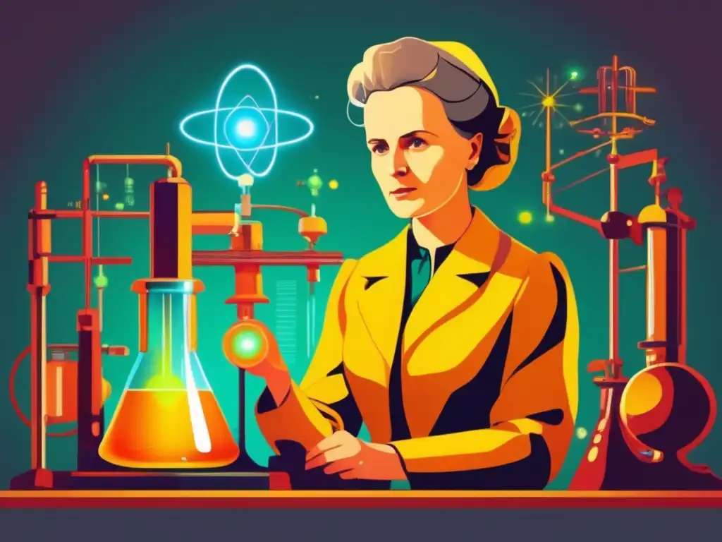 Marie Curie en su laboratorio, realizando experimentos pioneros con radioactividad