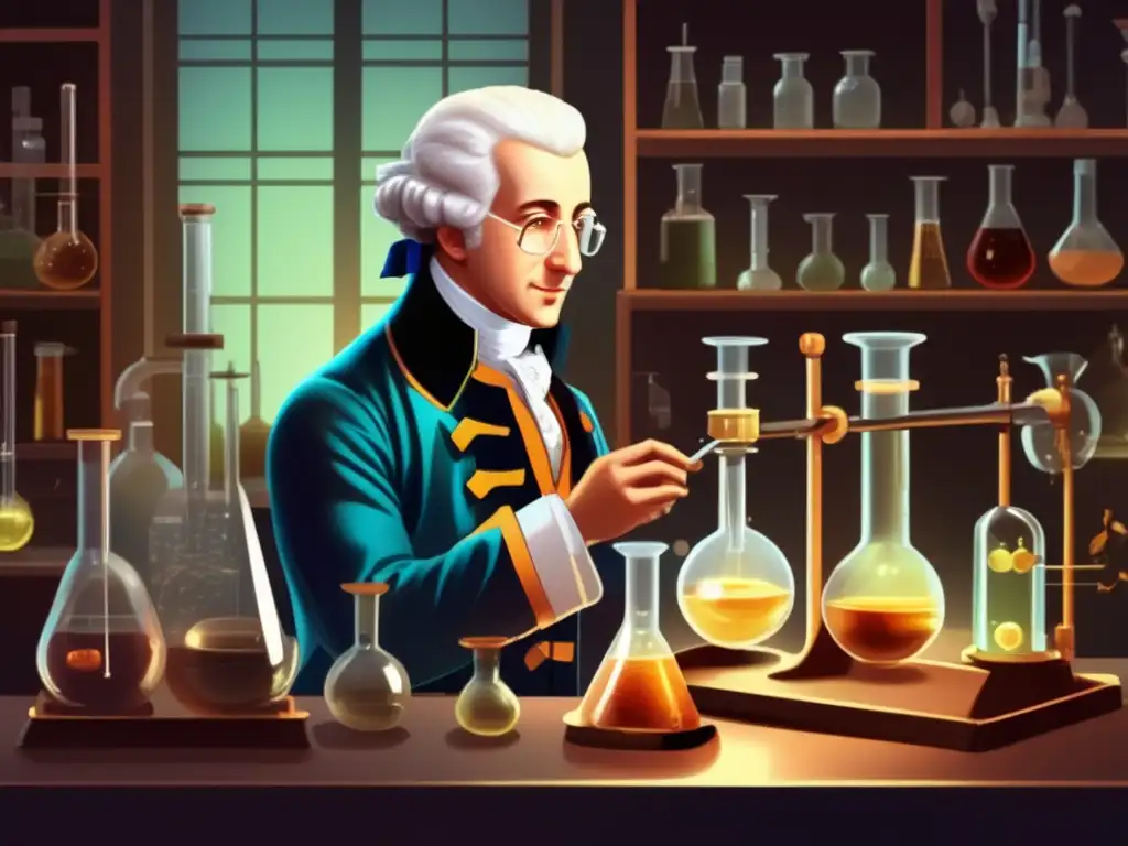 Antoine Lavoisier en laboratorio, realizando experimentos rodeado de instrumentos científicos