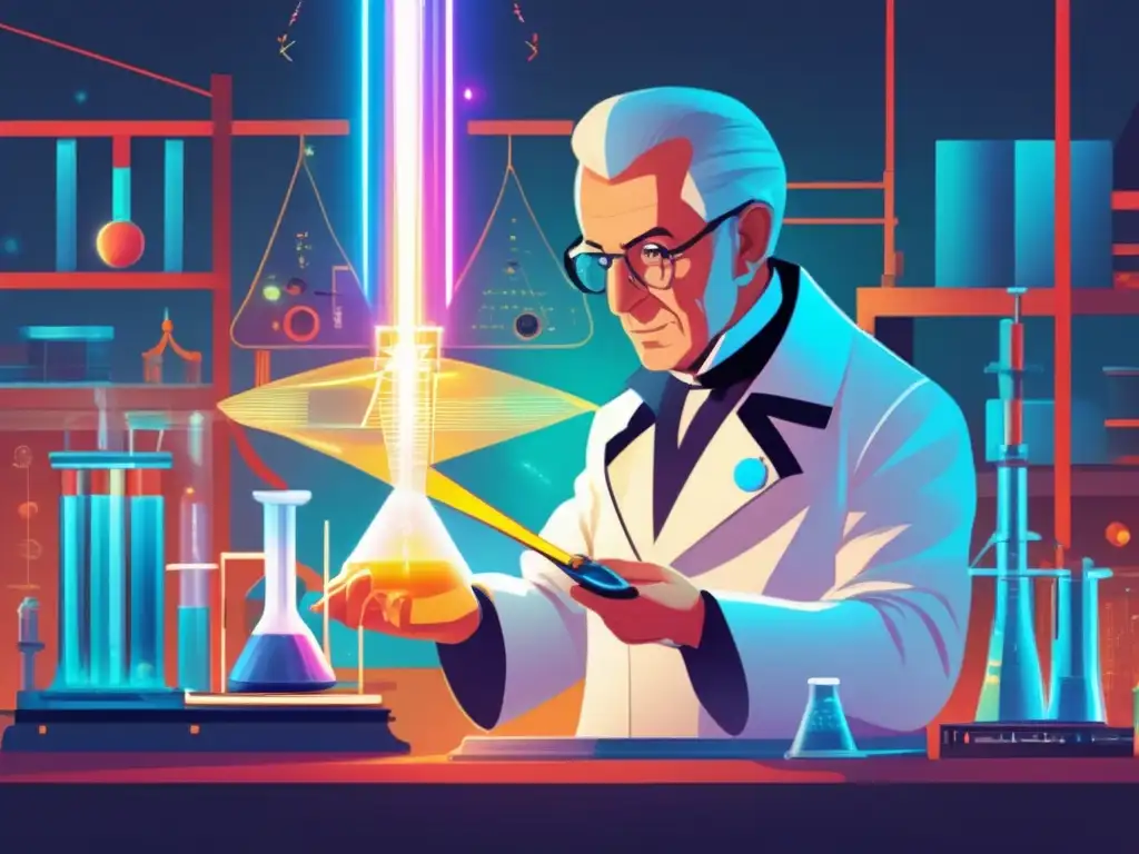 Alessandro Volta en su laboratorio, con una expresión concentrada, lleva bata de laboratorio y sostiene una pila voltaica