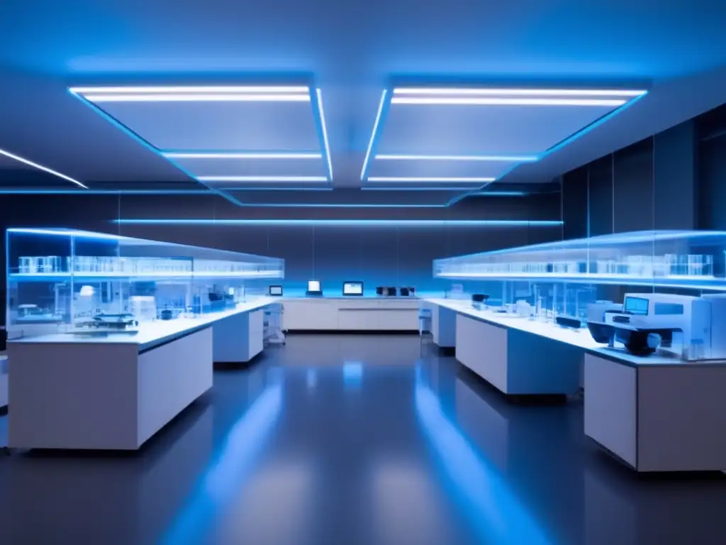 Un laboratorio futurista de biotecnología con científicos en batas blancas, experimentos y equipamiento de vanguardia