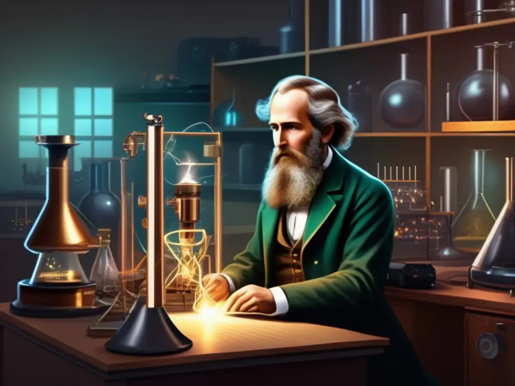 En un laboratorio futurista, James Clerk Maxwell realiza experimentos de electricidad y magnetismo con intensidad y enfoque