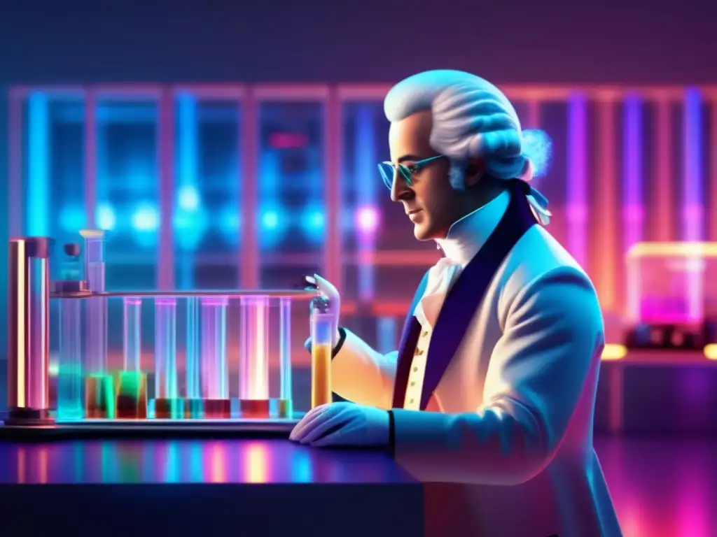 En un laboratorio futurista, Antoine Lavoisier realiza experimentos con tecnología avanzada, en un ambiente de descubrimiento y energía científica
