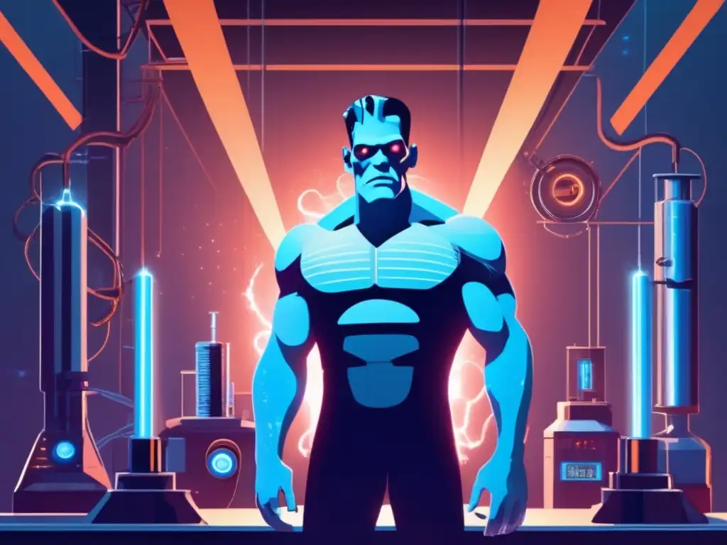 En un laboratorio futurista, el monstruo de Frankenstein se alza imponente, con miembros metálicos y ojos azules brillantes