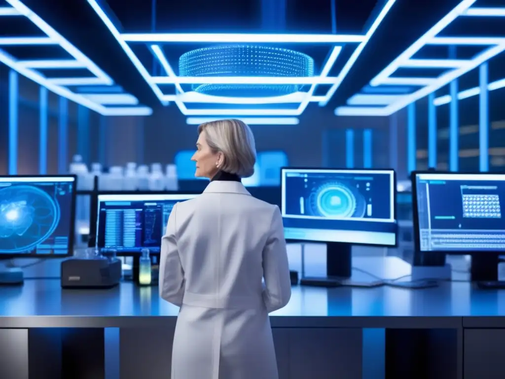 En un laboratorio futurista, Jennifer Doudna lidera la revolución CRISPR, manipulando ADN con tecnología avanzada