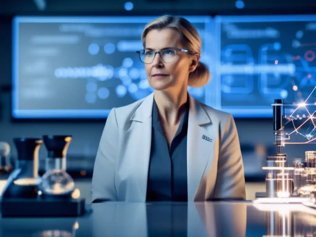 En su laboratorio, Grete Hermann, pionera en mecánica cuántica femenina, se concentra en experimentos rodeada de equipo científico