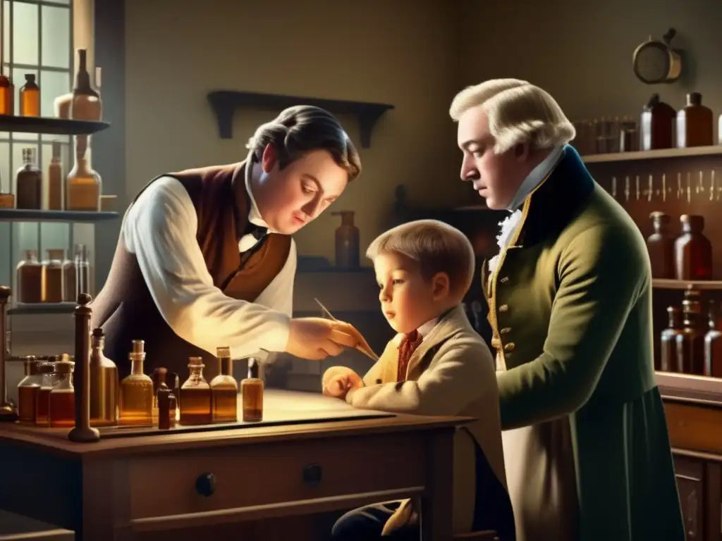 En un laboratorio histórico, Edward Jenner observa la vacunación de viruela