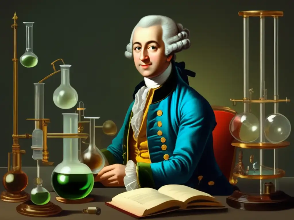 En el laboratorio iluminado, Antoine Lavoisier realiza experimentos con intensidad, destacando su contribución a la Ley de conservación de la masa