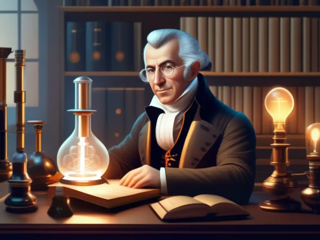 Alessandro Volta en su laboratorio, iluminado por una suave luz eléctrica mientras sostiene una batería prototipo