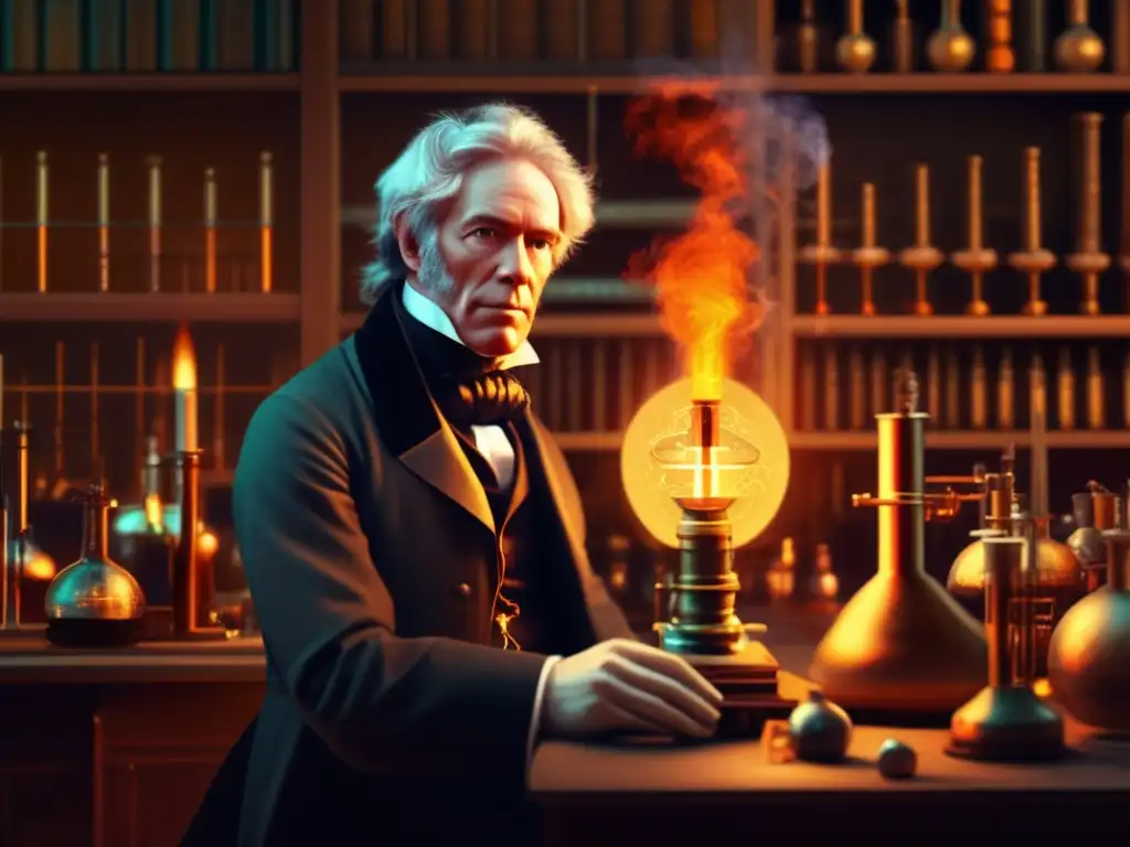 Michael Faraday en su laboratorio, inmerso en experimentos alquímicos