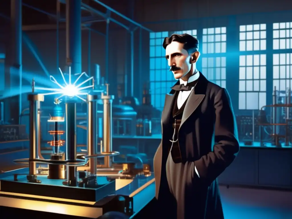 Nikola Tesla en su laboratorio, inmerso en pensamientos espirituales mientras rodeado de equipos eléctricos