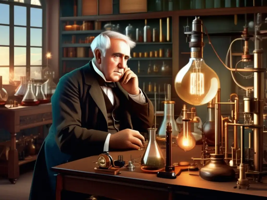 En el laboratorio, Thomas Edison trabaja intensamente en una de sus innovadoras invenciones