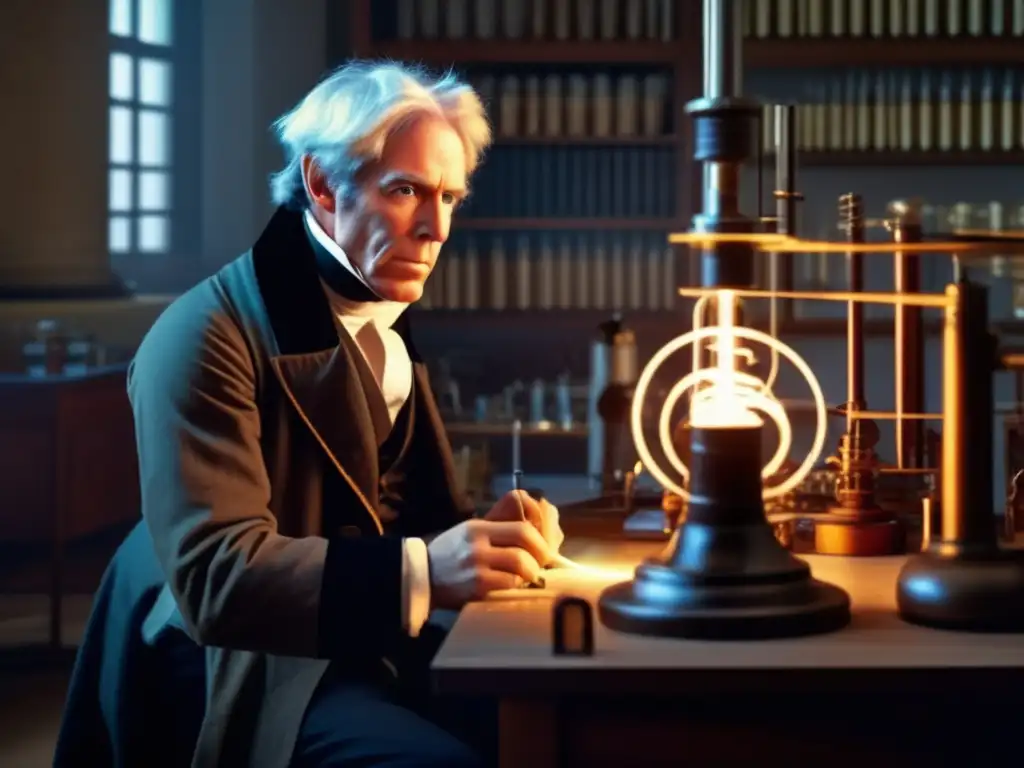 En el laboratorio, Michael Faraday ajusta con intensa concentración el equipo para un experimento de inducción electromagnética
