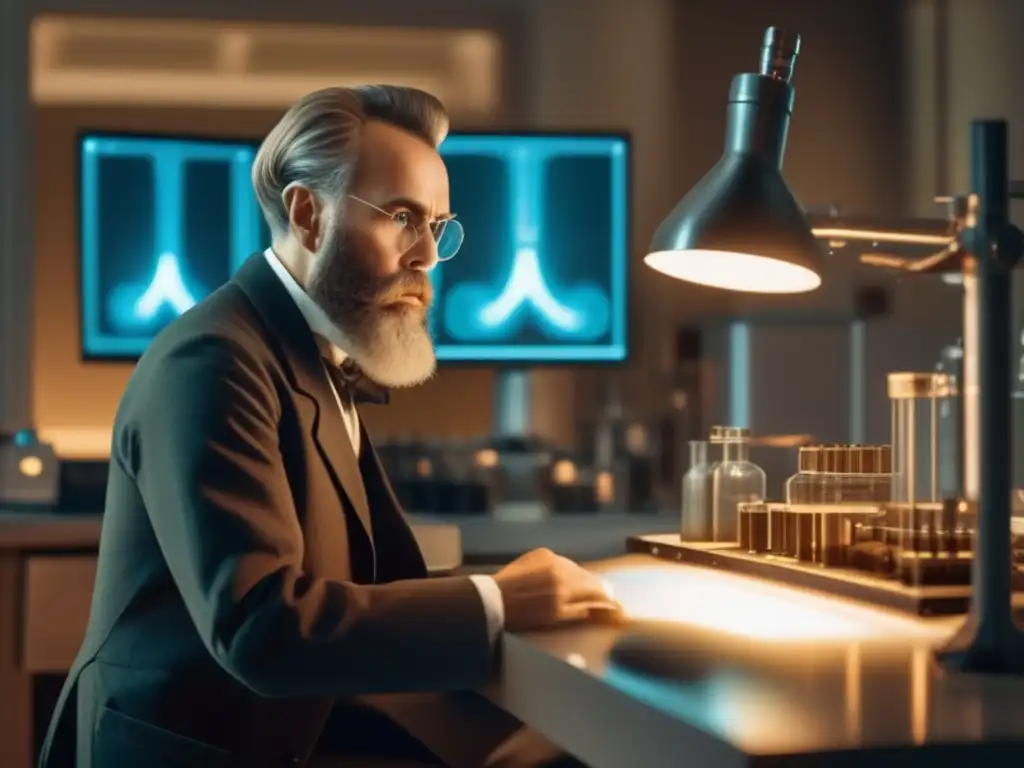 En su laboratorio, Wilhelm Röntgen observa con intensa concentración el descubrimiento de los rayos X en una pantalla brillante