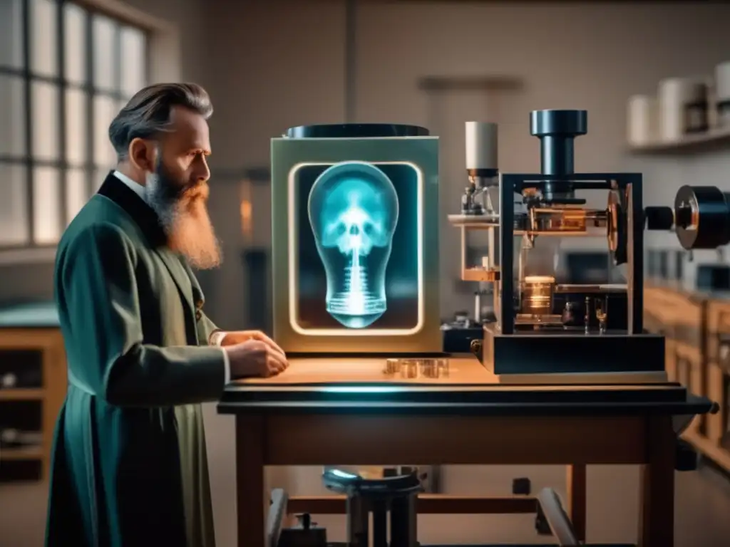 En el laboratorio, Wilhelm Conrad Roentgen observa con intensa concentración la primera imagen de rayos X de la mano de su esposa