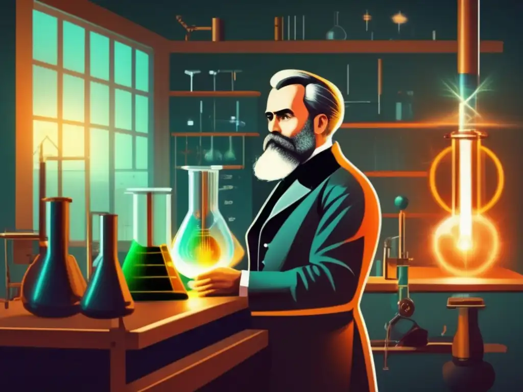 En su laboratorio, Wilhelm Röntgen observa con intensa concentración los rayos X, capturando el momento de su descubrimiento