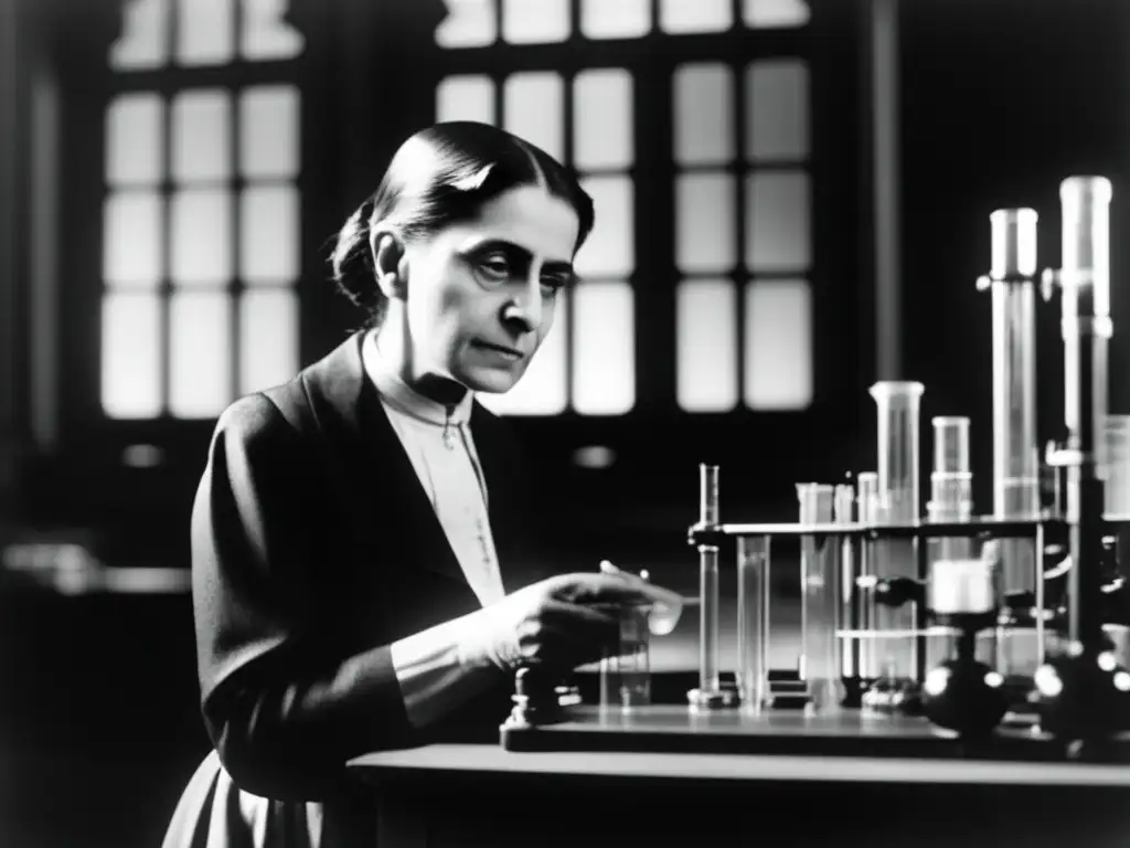 Lise Meitner, física del átomo, Nobel, investiga en su laboratorio con intensidad, rodeada de equipo científico, en una fotografía en blanco y negro