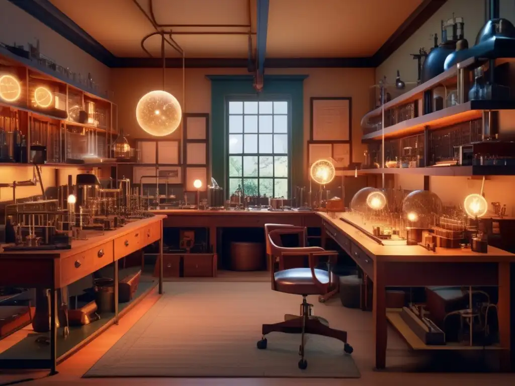 En el laboratorio de Alexander Graham Bell, el inventor está inmerso en experimentos bajo la cálida luz de bombillas incandescentes