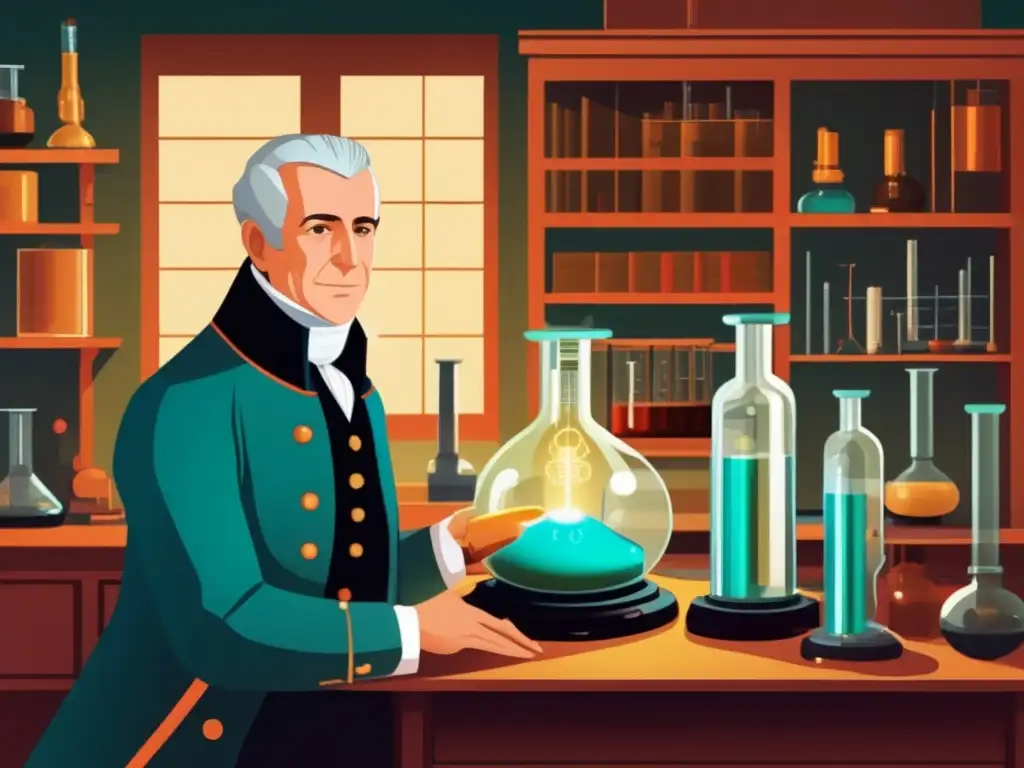 Alessandro Volta en su laboratorio, con inventos y la primera batería eléctrica