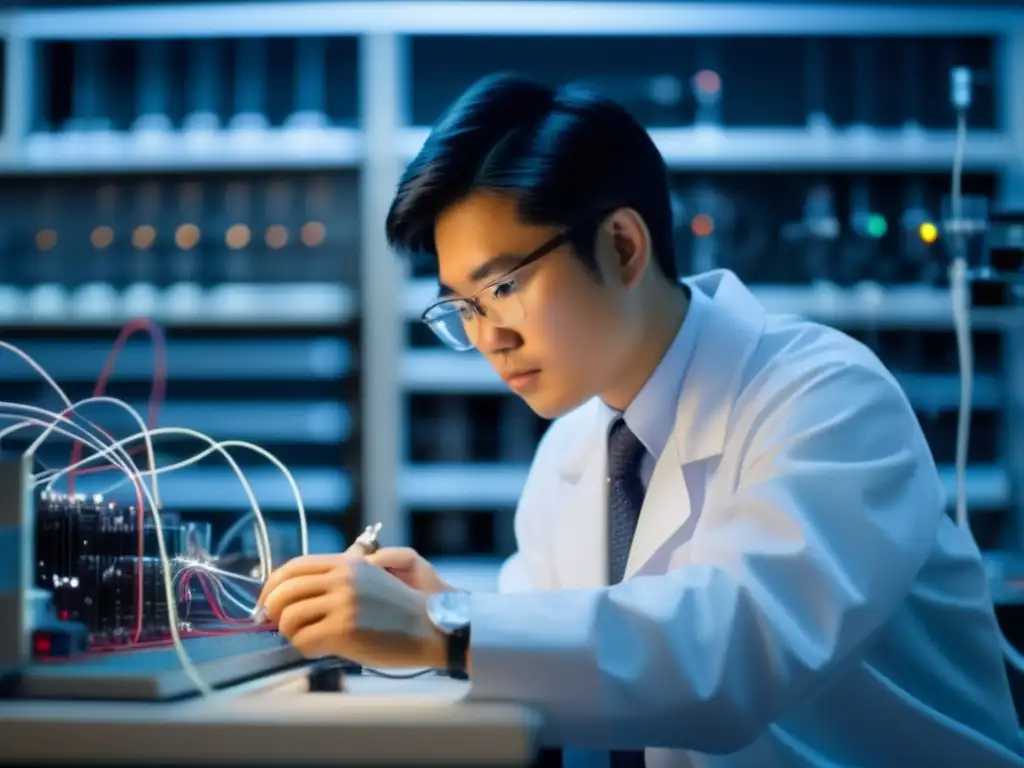 En el laboratorio, el joven Charles Kao se concentra en su revolucionaria investigación en fibra óptica