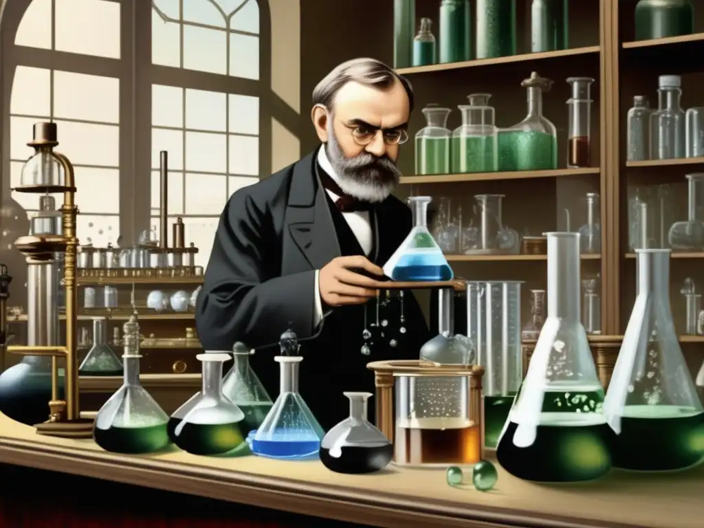 En su laboratorio, Alfred Nobel vierte líquido en un matraz, rodeado de químicos