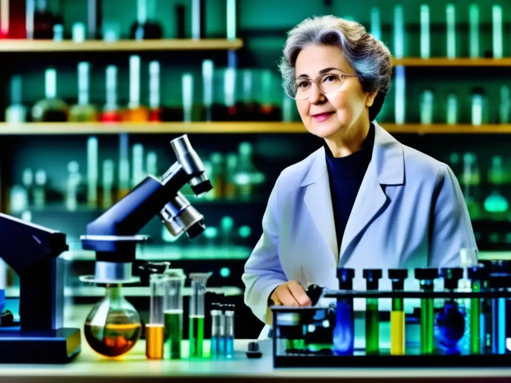 En el laboratorio, Lynn Margulis investiga con determinación, rodeada de microscopios y tubos de ensayo