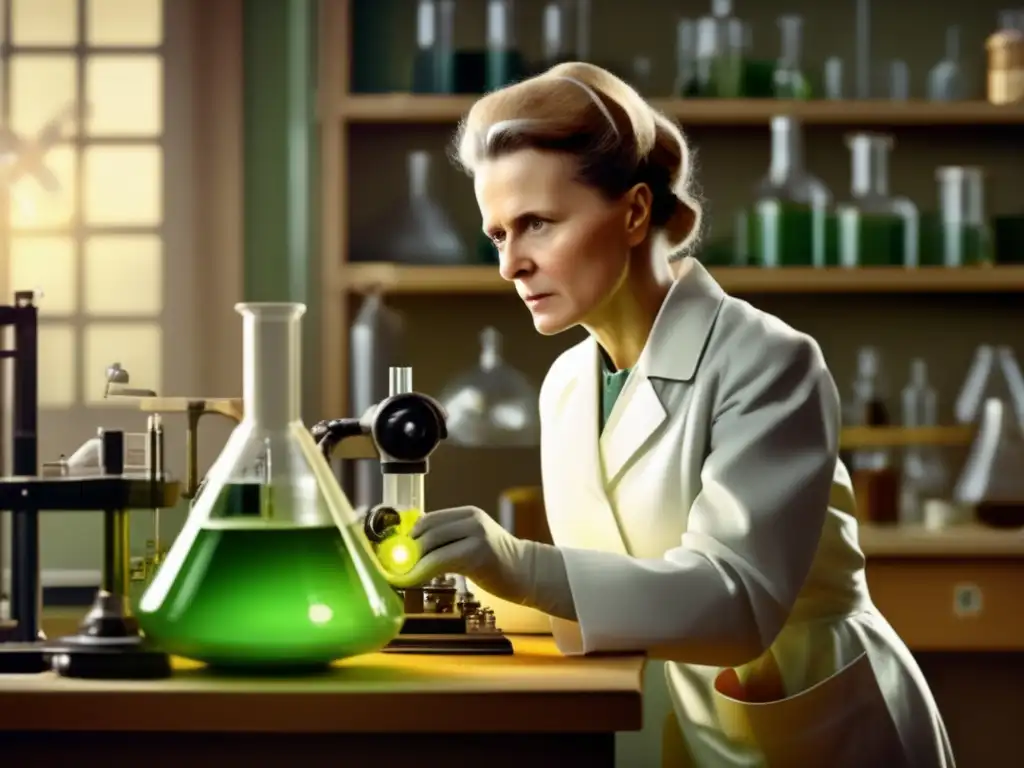 Marie Curie en su laboratorio, experimentando con materiales radioactivos