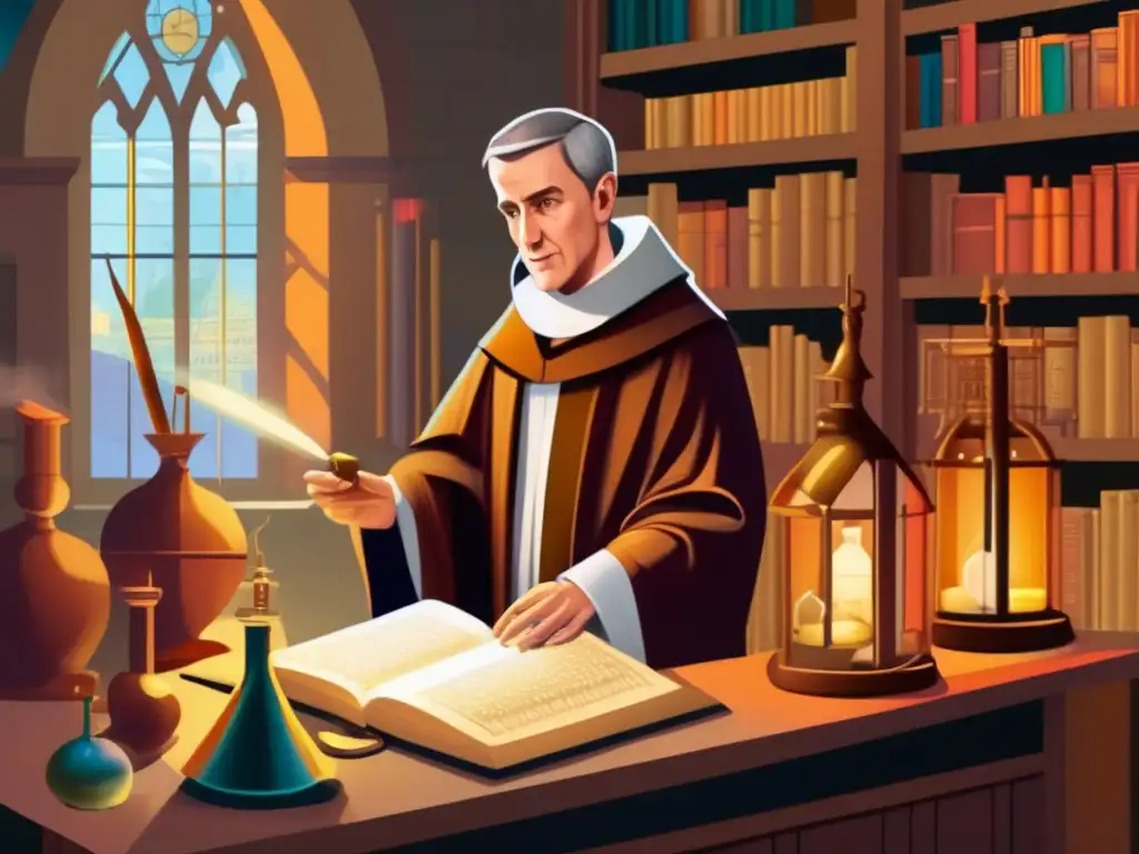 En un laboratorio medieval, Roger Bacon en hábito franciscano realiza un experimento