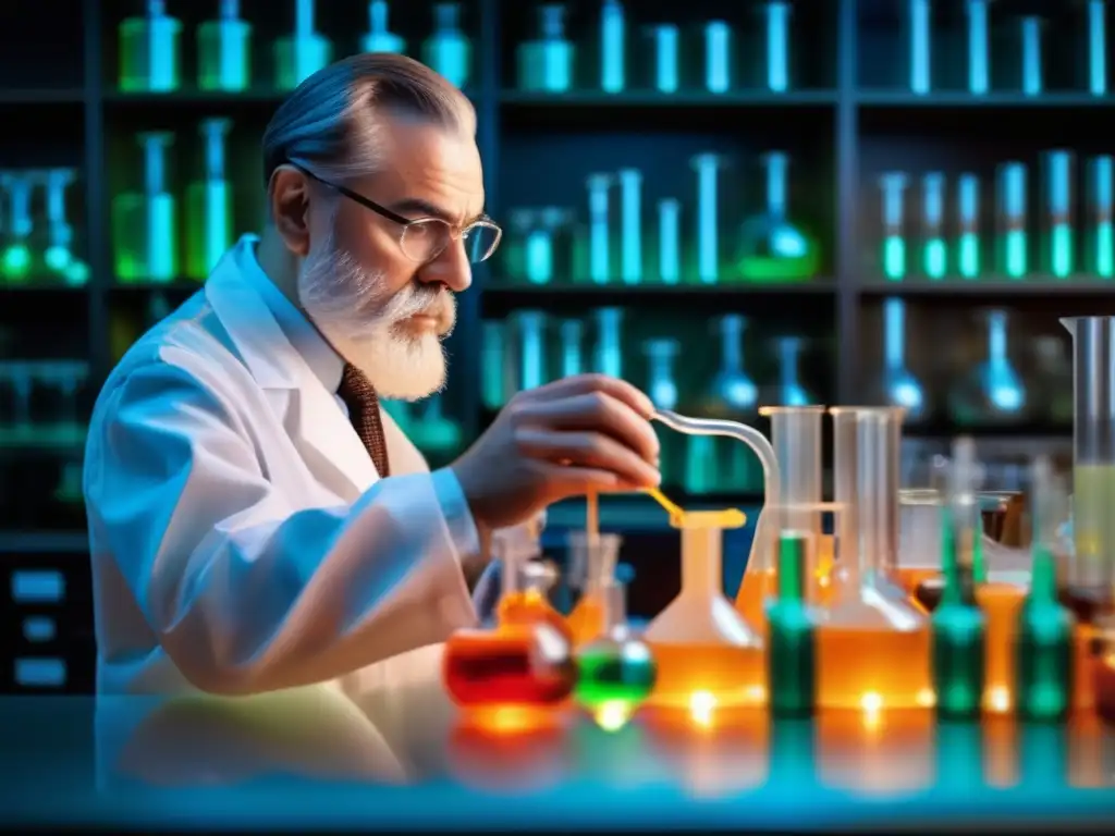 En el laboratorio, Leo Baekeland mezcla químicos en vasos de vidrio, creando la revolucionaria baquelita