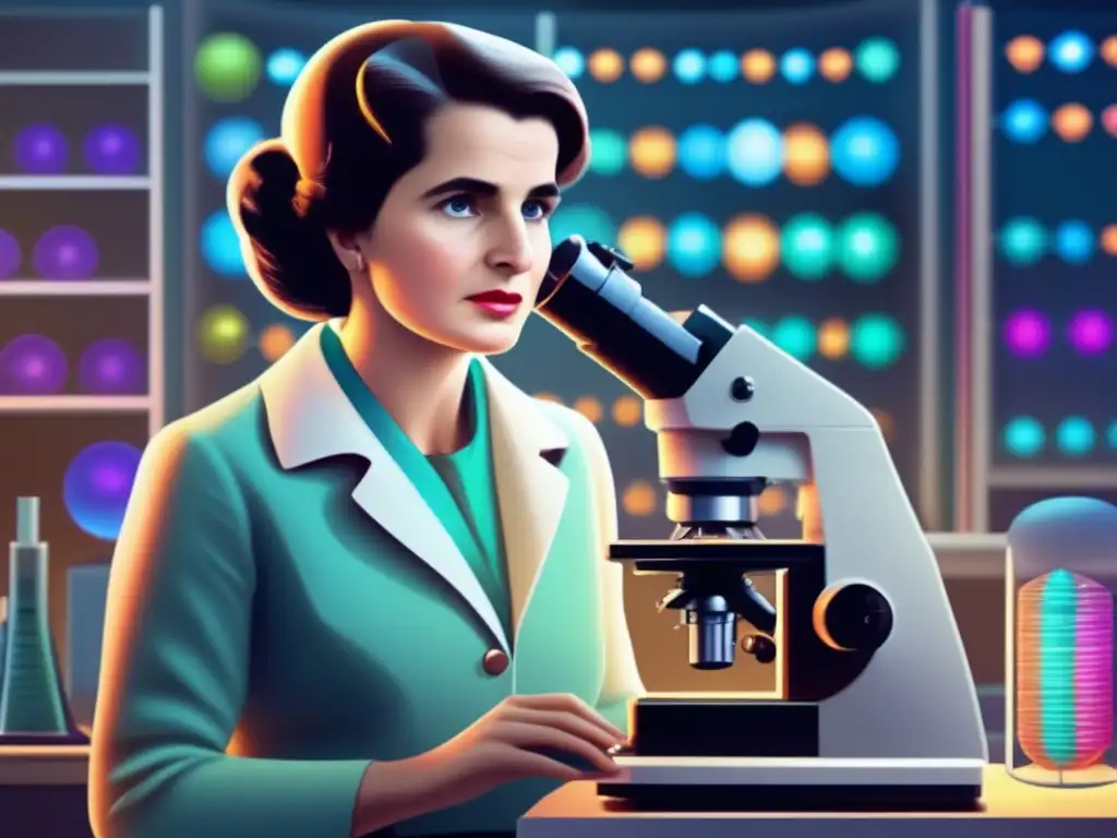 En el laboratorio, Rosalind Franklin examina el ADN bajo un microscopio de alta potencia