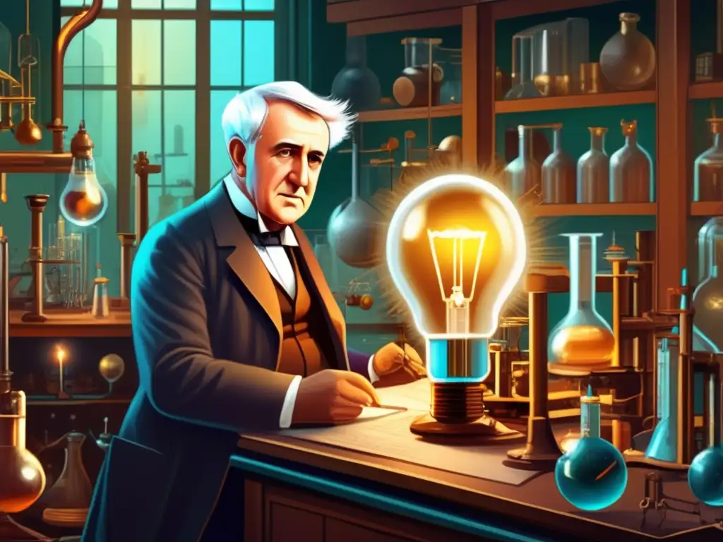 En su laboratorio moderno, Thomas Edison examina una bombilla