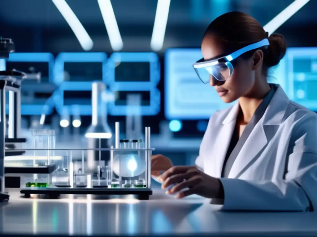 En un laboratorio moderno, un científico con bata blanca y gafas de seguridad se concentra en experimentos